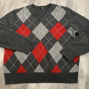 J. Crew Sweater Mens XL Gray Red Argyle Lambs Wool V-Neck Pullover Dad Grandpa